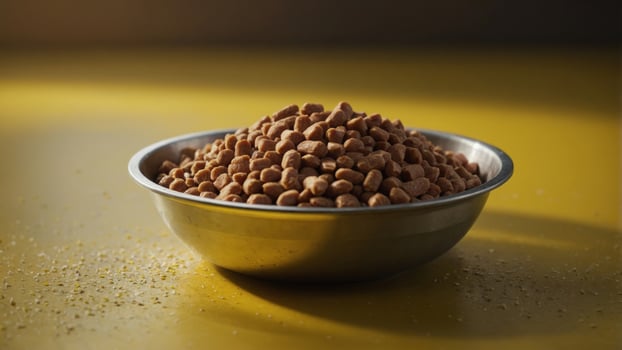 Dog food in a metal bowl Yellow background. photo