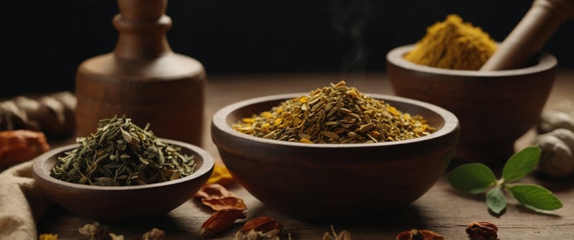 Dried Foods Traditional Herbal Medicine Preparation with Mortar and Pestle, Herbs, and Medicine. photo