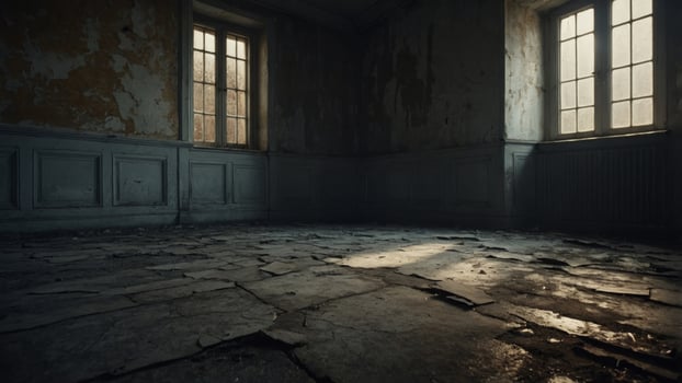 Empty vintage room Cracked and moldy walls and floor Light shining through window Vampire house. photo
