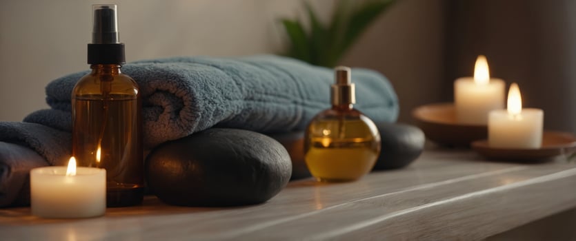 Exquisite display of beauty treatment arranged on spa table in Relaxing and luxury spa resort. photo