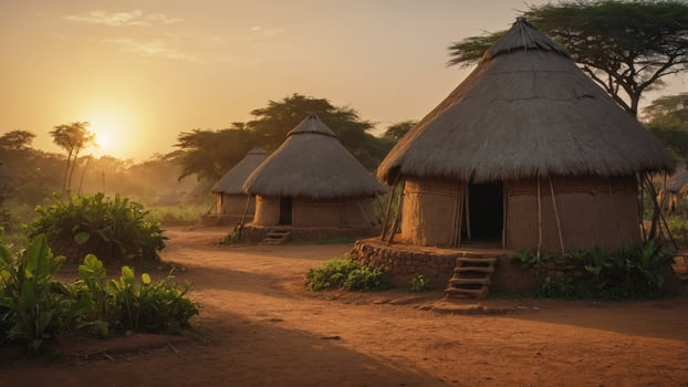Serene morning view of an african village with traditional huts under a soft sunrise. photo