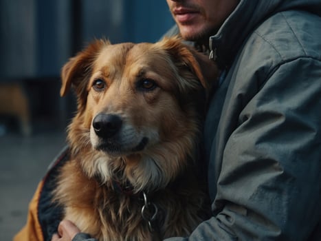 Volunteer with homeless dog in animal shelter, closeup. photo