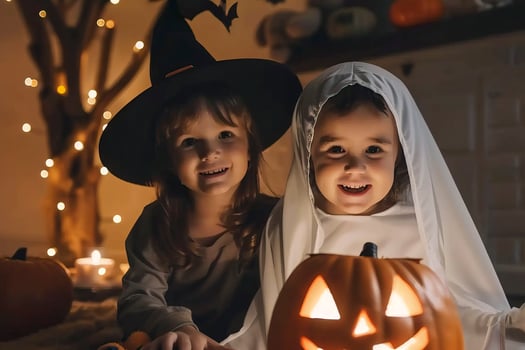 Cute little children in halloween costumes at home. photo
