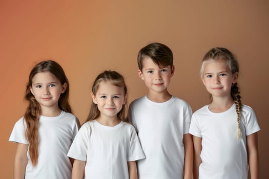Happy kids in white t-shirts standing together. Kids t-shirts mockup. photo