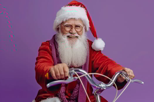 Santa Claus riding bicycle on purple background. photo
