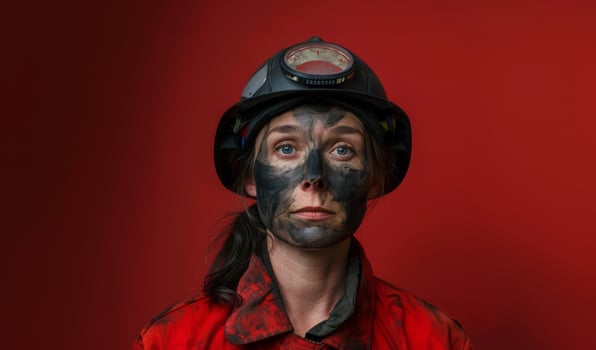 Portrait of a female firefighter with black soot on her face.Generated image photo