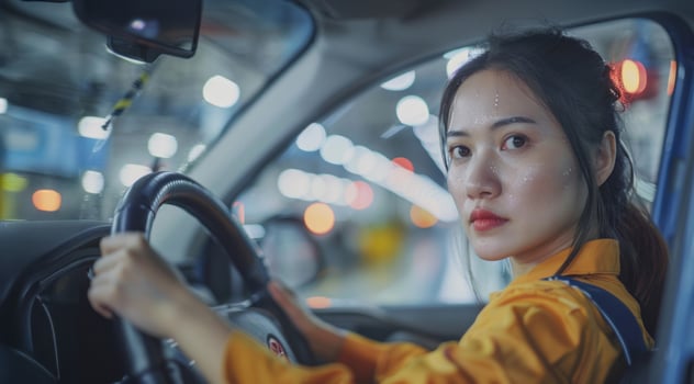 Asian woman mechanic inspecting a car's condition.Generated image photo
