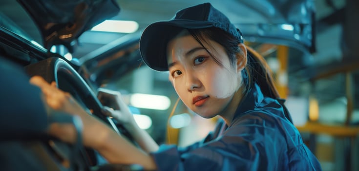 Asian woman mechanic inspecting a car's condition.Generated image photo