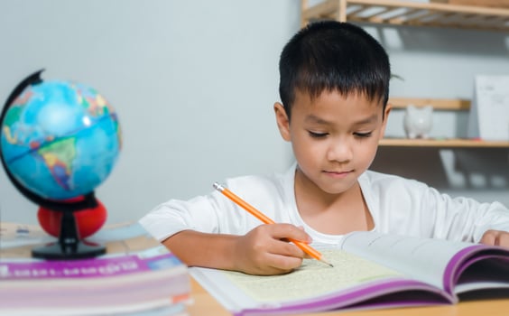Student learning study reading book while sitting at home. Education, Childhood, People, Homework and school concept. Student boy with book writing to notebook at home. photo