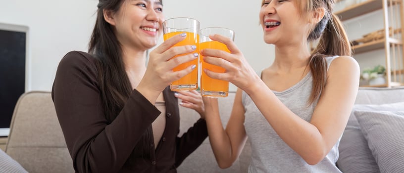 Happy Lesbian Couple Enjoying Fresh Orange Juice Together at Home in a Cozy Living Room Setting photo