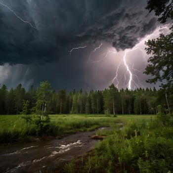 Cloudy Thunder Thunderstorm lightning bolt in the forest photo