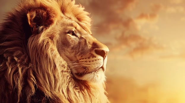 Close-up profile of a lion under the sunset light showing its majestic mane. photo