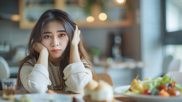 Dieting healthy young woman, having temptation hungry of food photo