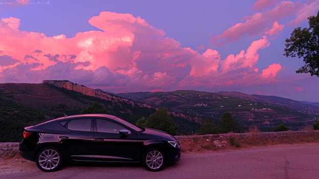 Seat Arona small black SUV car in european mountain landscape road at sunset photo