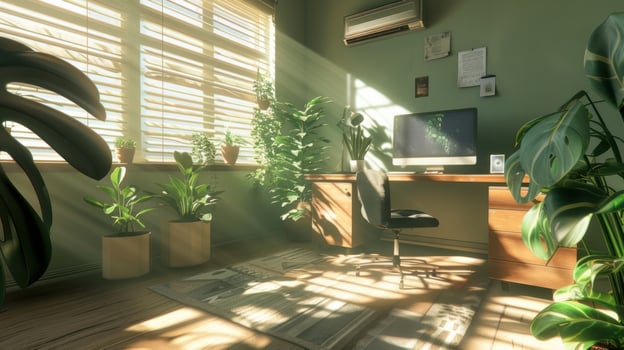 Stylish and modern home office setup with natural light and green plants, showcasing a comfortable and productive remote work environment photo