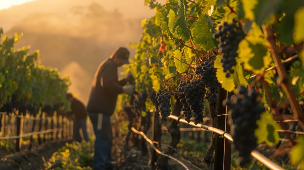 Vineyard Workers Harvesting Grapes at Sunrise in Picturesque Countryside for Agricultural and Rural Lifestyle Themes photo