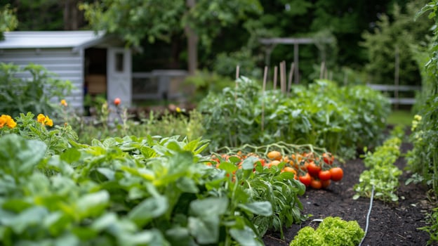 Lush Vegetable Garden with Drip Irrigation System, Greenhouse, and Fresh Produce for Sustainable Urban Farming photo