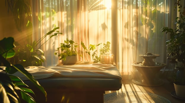 Serene Reiki Healing Session in Sunlit Room with Indoor Plants for Relaxation and Wellness photo