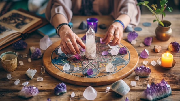 Crystal Grid Arrangement for Meditation and Healing with Purple and White Crystals on Wooden Table photo