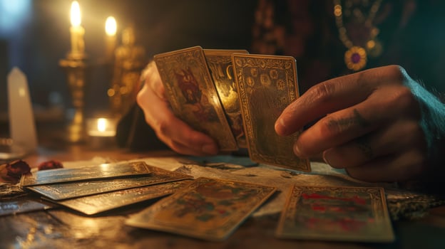 Mystic Tarot Card Reading by Candlelight, Enchanting Divination Scene with Hands and Tarot Deck, Perfect for Spiritual and Occult Themes photo
