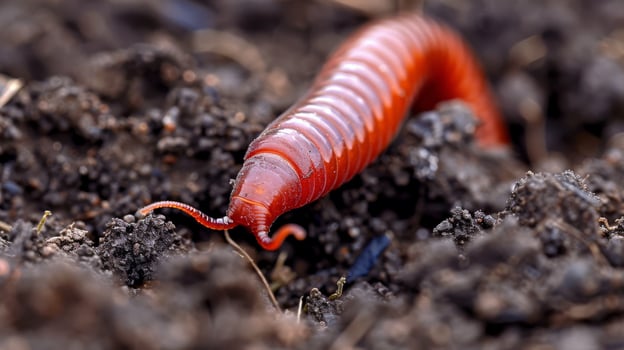 CloseUp of a Red Worm in Rich Dark Soil for Nature Photography and Educational Purposes photo