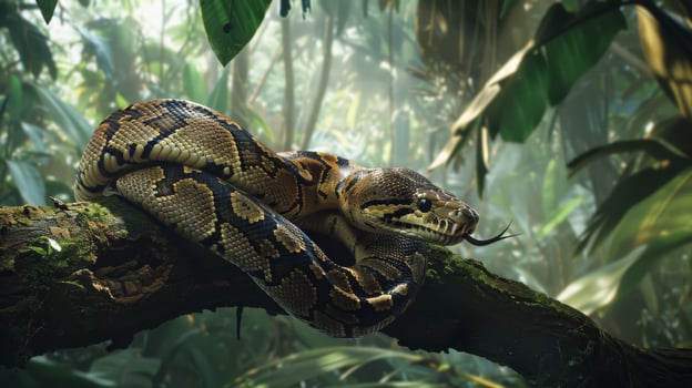 Boa Constrictor Coiled on Tree Branch in Lush Tropical Rainforest, Perfect for Wildlife Education and Nature Enthusiast Designs photo