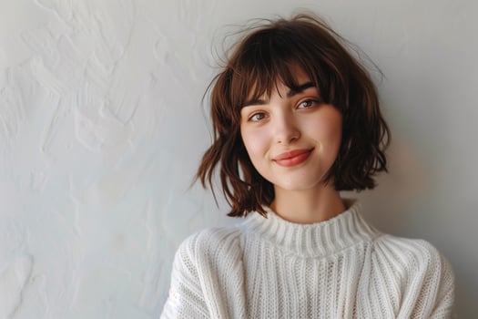 confident cool brunette young woman smiling with messy bob hair and white sweater photo