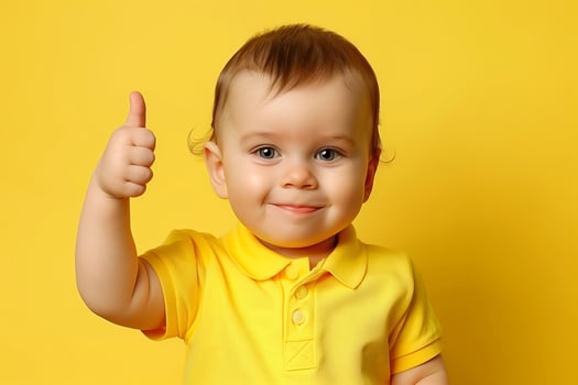 Happy Baby Giving Thumbs Up Against Bright Yellow Background Infant in Yellow Clothes Smiling at Camera Positive Gesture Symbolizing Approval Cute Toddler in Vibrant Studio Portrait photo