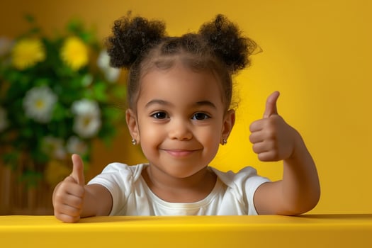 Adorable Child Giving Thumbs Up in Colorful Studio Setting with Yellow Background and Flowers, Perfect for Happy and Cheerful Themes photo