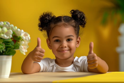 Happy Smiling Child Giving Thumbs Up With Green Plant on Yellow Background photo
