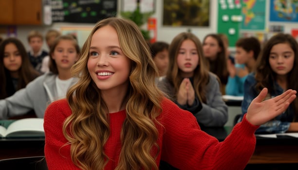 Enthusiastic Student in Red Sweater Participating in Classroom Discussion Surrounded by Classmates in Bright and Inviting Educational Setting photo