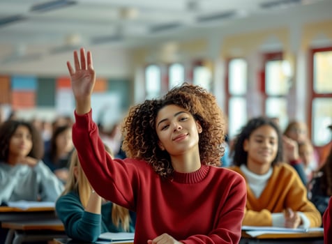High School Classroom Scene With Students, Focus On Engaged Teenager Raising Hand, Diverse Group, Modern Education Setting, Natural Light, Happy Learning Environment, Dynamic Student Participation photo