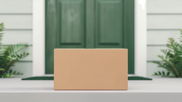 Delivery Service Concept Mockup Cardboard Package On Doorstep Of Green Front Door Of Modern House With Plants And White Siding - Home Delivery Parcel Concept photo
