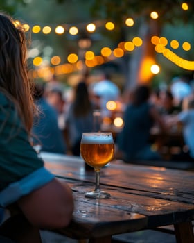 Beer Glass on Wooden Table, Blurred Background, Outdoor Evening Gathering with Close-Up, Warm Lighting, Festive Party Atmosphere photo