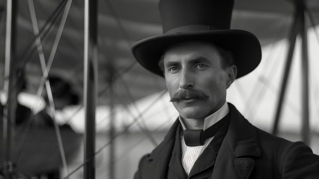 Old Airplane on background, Photo of Vintage Portrait of a Distinguished Man with Mustache, Top Hat in Monochrome, Historical Essence, Dignity, Suitable Period, Classical Style, Historical Exhibitions