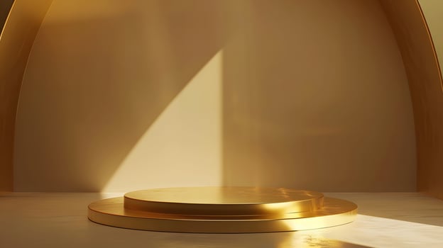 Two-tiered golden podium against a beige background. photo