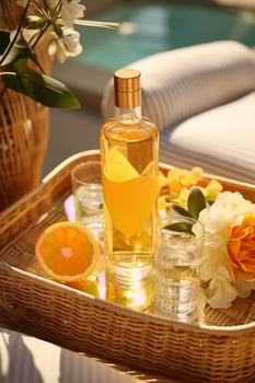 Drinks on a wicker tray decorated with tropical flowers by the poolside photo