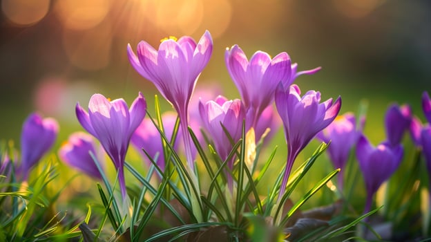 Spring landscape of crocuses blooming in the meadow in the beautiful sunlight photo