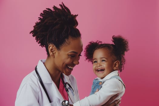 Pediatric Doctor with Smiling Child on Pink Background photo