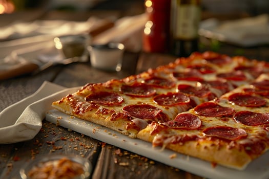 Pepperoni Pizza Slices on Dining Table with Condiments photo