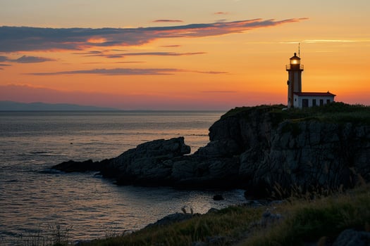 Serene Lighthouse Overlooking Twilight Seascape Background photo