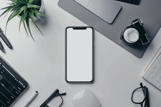 Professional Office Desk with Smartphone and Business Gadgets Background photo