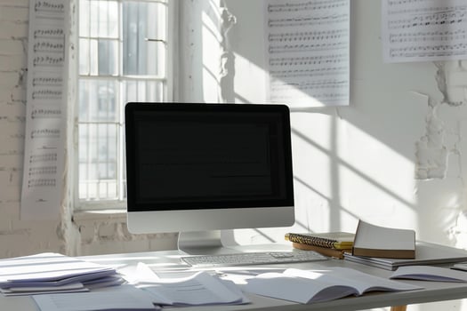 Computer Mockup Background on White Desk Camera Gear photo