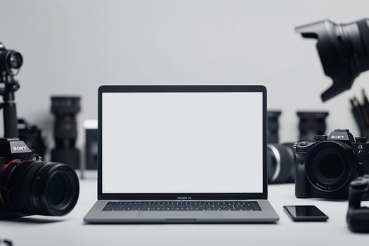 Laptop Mockup Background Surrounded by Camera Gear photo