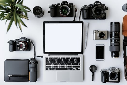 Laptop Mockup Background Surrounded by Camera Gear photo