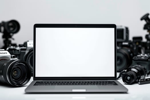 Laptop Mockup Background Surrounded by Camera Gear photo