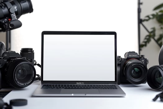 Laptop Mockup Background Surrounded by Camera Gear photo