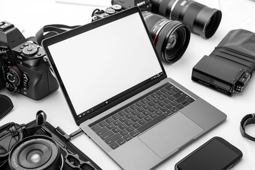 Laptop Mockup Background Surrounded by Camera Gear photo