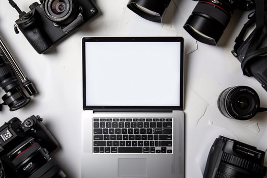 Laptop Mockup Background Surrounded by Camera Gear photo