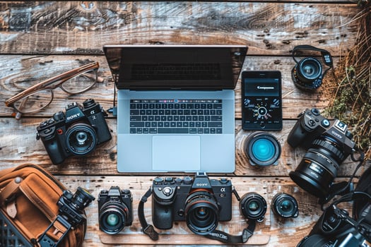 Laptop Mockup Background for Editing s Surrounded by Camera Gear photo